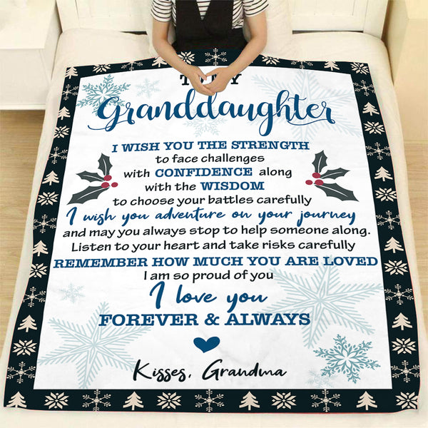 Personalized Blanket To My Granddaughter| Kisses from Grandma Fleece Blanket| Custom Name Blanket Sentimental Gift for Granddaughter on Birthday, Christmas, Graduation| JB199