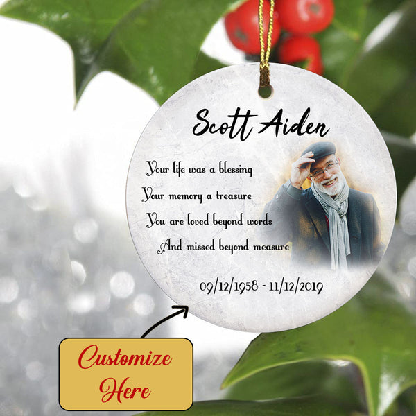 Remembrance Circle Ornament with Picture - Personalized Memorial Ornament Sympathy Gift Remembrance Gift for Deceased Father Mother The Loved One in Heaven In Memory Ornament - JOR59