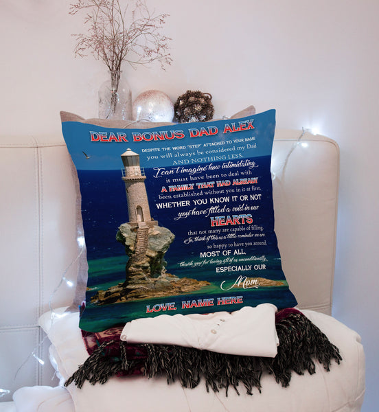 Dear Bonus Dad Custom Pillow| Lighthouse Pillow Father's Day Gift for Stepdad Stepfather from Stepchild| JPL75