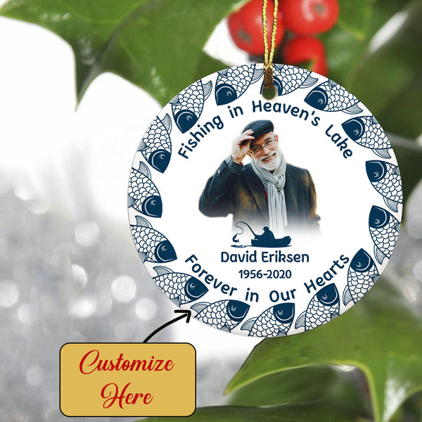 Fishing Memorial Ornament - Fishing in Heaven's Lake Personalized Fishing Remembrance Ornament Sympathy Memorial Gift for Loss of Dad Father Husband Grandpa In Memory of Fisherman - JOR63