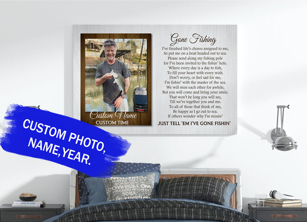 Personalized Memorial Canvas| Gone Fishing Wall Art| Fisherman Memorial Gift for Loss of Husband, Father, Fisherman, Fishing Sympathy Gift| Remembrance Bereavement Condolence Gift JC290