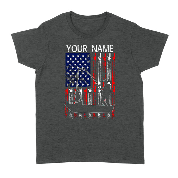 American flag 4th July fisherman kayak fishing custom name US fishing rod D05 NQS1244 - Standard Women's T-shirt