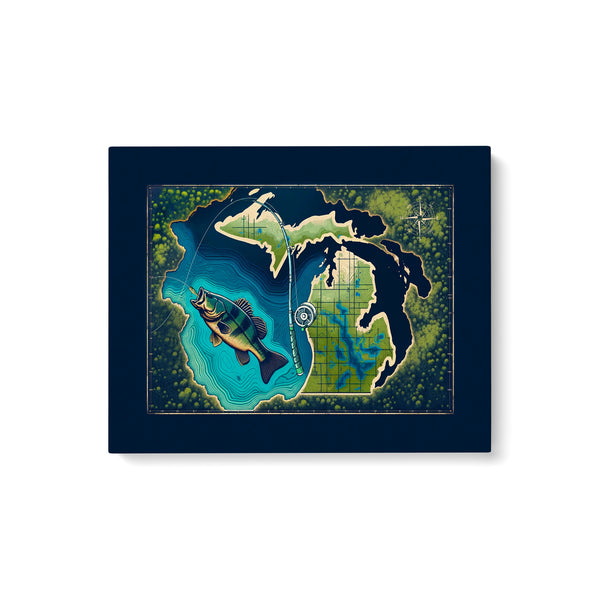 Michigan map art bass fishing canvas for bass fisherman