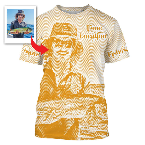 Fishing Shirt Custom Name, Image, Time, Location 3D UV protection Shirts UPF 30+ Fishing gift| Orange - TMTS050