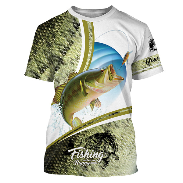 "Fishing makes me happy" Bass Fishing green scale camo custom name UV protection Shirts fishing gifts HVFS034
