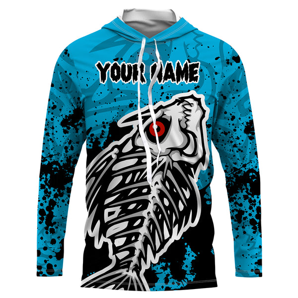 Fish Skeleton Blue fishing UV protection quick dry Customize name long sleeves fishing shirts UPF 30+ HVFS016