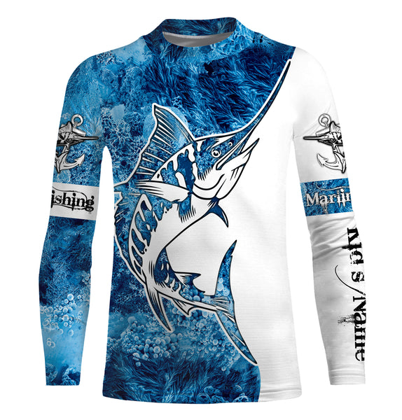 Marlin Fishing Sea Camo 3D UV customize name long sleeves shirt personalized gift for Fishing Lovers TTN38