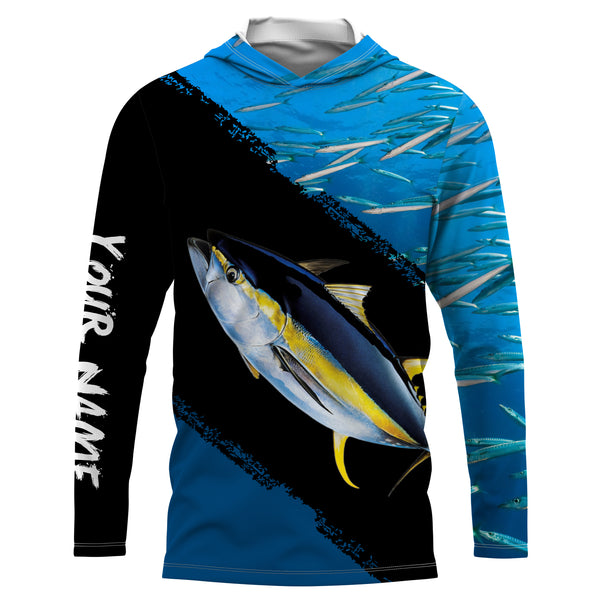 Custom Name Yellowfin Tuna Fishing Shirts Blue Ocean Background Performance Fishing Shirt, Sun Protection Long Sleeve TTN31