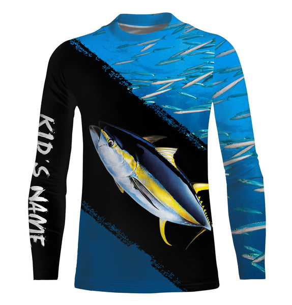 Custom Name Yellowfin Tuna Fishing Shirts Blue Ocean Background Performance Fishing Shirt, Sun Protection Long Sleeve TTN31