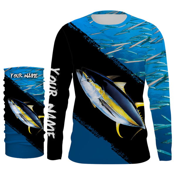 Custom Name Yellowfin Tuna Fishing Shirts Blue Ocean Background Performance Fishing Shirt, Sun Protection Long Sleeve TTN31