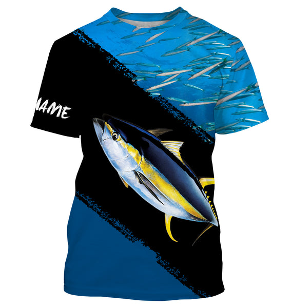 Custom Name Yellowfin Tuna Fishing Shirts Blue Ocean Background Performance Fishing Shirt, Sun Protection Long Sleeve TTN31