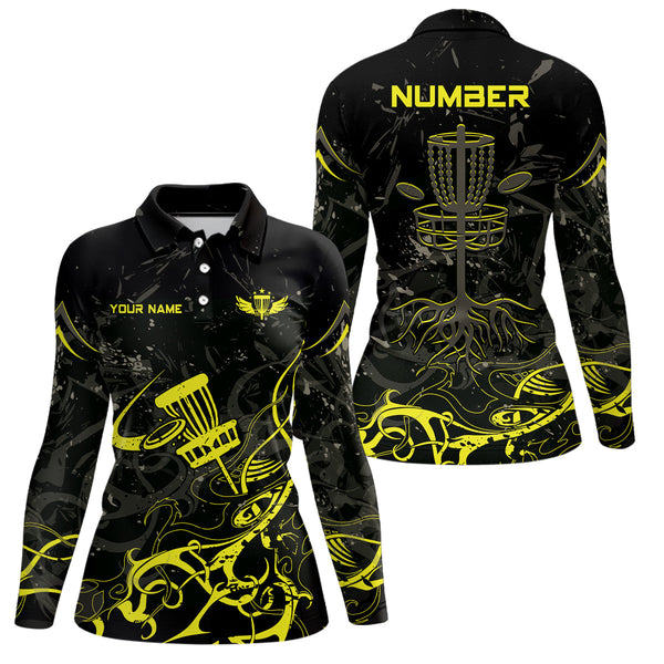 Yellow Camo Black Womens Disc Golf Polo Shirt Custom Disc Golf Basket Tree Personalized Golf Gift TY2