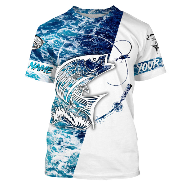 Striped Bass Fishing Custom Long Sleeve Fishing Shirts, personalized Sea wave camo Fishing Shirts - IPHW1684