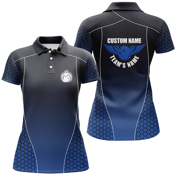 Custom Bowling Shirts With Names For Women, Flaming Bowling Ball Bowling Team Shirts | Blue IPHW4239