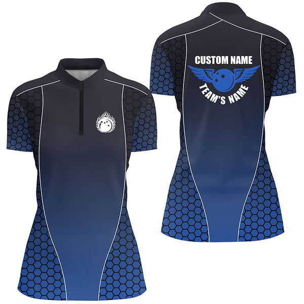 Custom Bowling Shirts With Names For Women, Flaming Bowling Ball Bowling Team Shirts | Blue IPHW4239