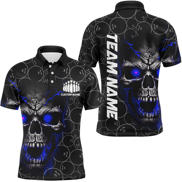 Custom Blue Skull Bowling Polo Shirts For Men, Bowling Pattern Bowling Team Jerseys IPHW5235