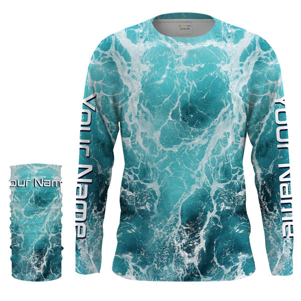 Custom Saltwater Long Sleeve performance Fishing Shirts for anglers | teal blue  Sea wave camo Fishing jerseys - IPHW1327