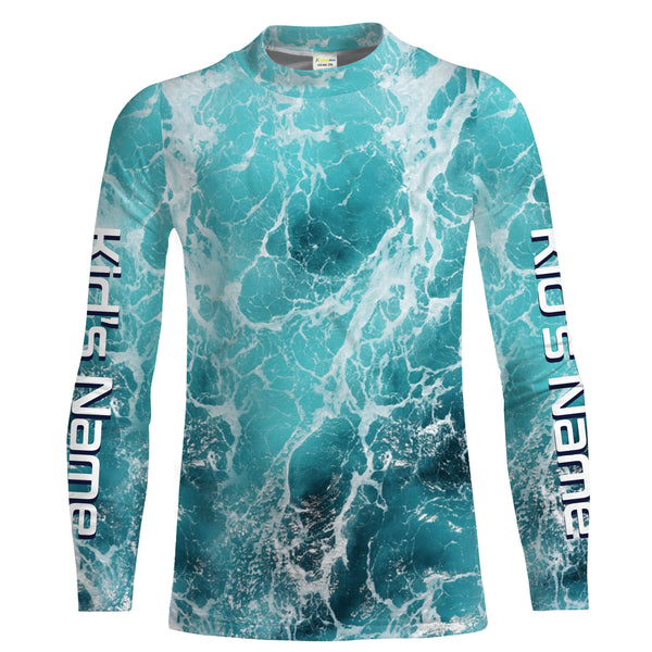 Custom Saltwater Long Sleeve performance Fishing Shirts for anglers | teal blue  Sea wave camo Fishing jerseys - IPHW1327