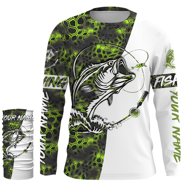 Custom Bass Fishing Long Sleeve performance Camo Fishing Shirts, Personalized Fishing gifts for men | green camo - IPHW2107