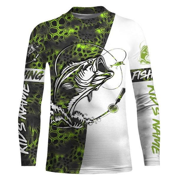 Custom Bass Fishing Long Sleeve performance Camo Fishing Shirts, Personalized Fishing gifts for men | green camo - IPHW2107