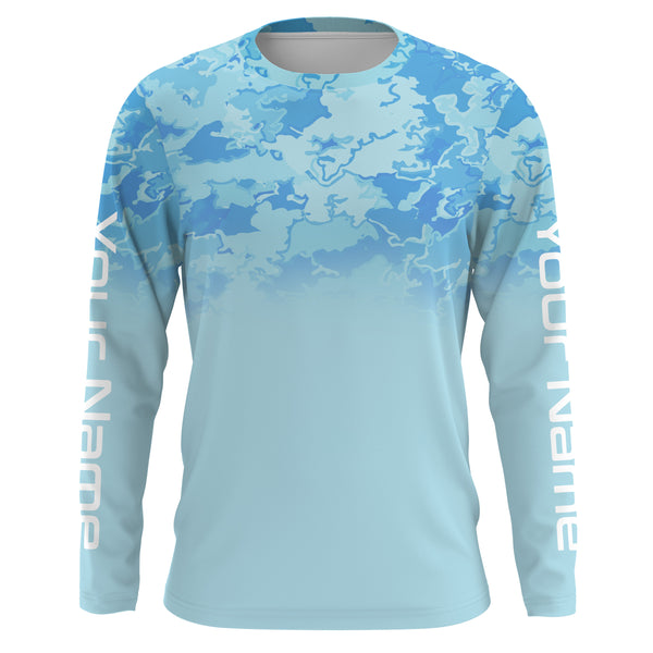 Personalized Blue fade camo Long sleeve performance Fishing Shirts UV Protection, blue camouflage Fishing jerseys - IPHW1818