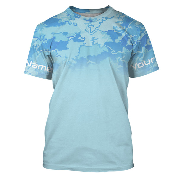 Personalized Blue fade camo Long sleeve performance Fishing Shirts UV Protection, blue camouflage Fishing jerseys - IPHW1818