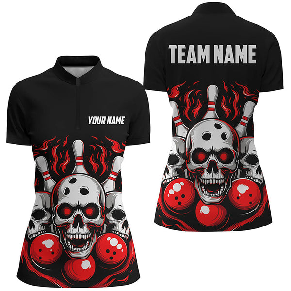 Custom Red Skull Bowling Team Shirts, Flame Bowling Jerseys Bowlers Shirts For Women IPHW5840