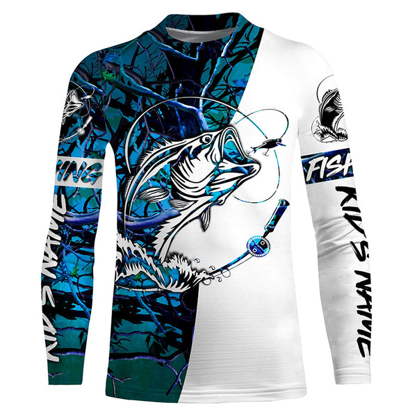 Personalized Bass Fishing Shirts, Bass Fishing tattoo tournament Fishing Shirts | teal blue camo IPHW3572