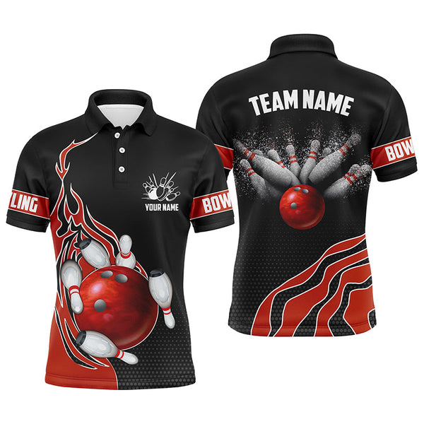 Red Flame Bowling Polo Shirts For Men Bowling Ball, Custom Bowling Team Jerseys Bowler Outfits IPHW5216