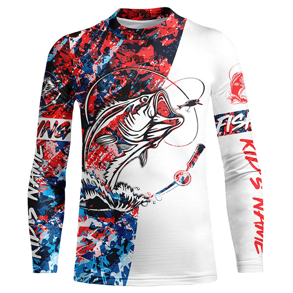 Personalized Bass Long Sleeve Tournament Fishing Shirts, Red White Blue Camo Bass Fishing Jerseys IPHW4535