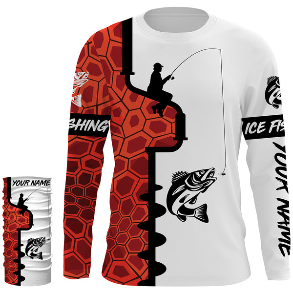 Walleye Ice Fishing Custom UV Long Sleeve performance Fishing Shirts | orange camo - IPHW2351