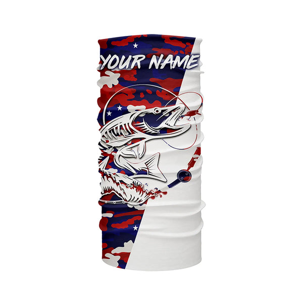 Red White Blue American Flag Camo Musky Long Sleeve Fishing Shirts, Custom Muskie Fishing Jerseys IPHW4563