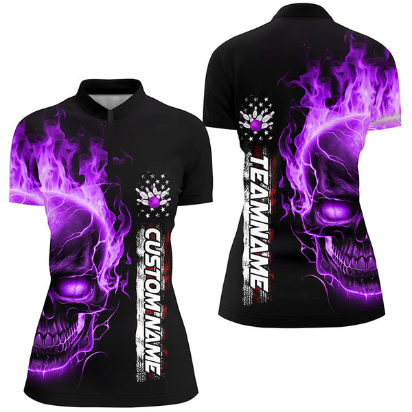 Flame Skull American Flag Custom Team Bowling Shirts For Women, Patriotic Bowling Shirt IPHW5147