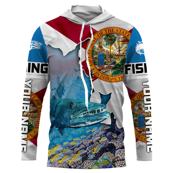 Florida Great Barracuda Custom Long Sleeve performance Fishing Shirts, Florida Flag Fishing jerseys - IPHW1826