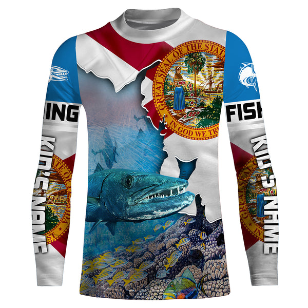 Florida Great Barracuda Custom Long Sleeve performance Fishing Shirts, Florida Flag Fishing jerseys - IPHW1826