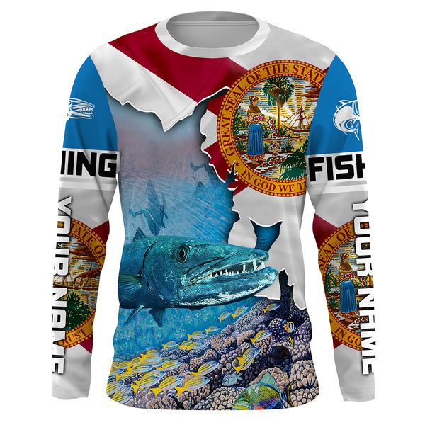 Florida Great Barracuda Custom Long Sleeve performance Fishing Shirts, Florida Flag Fishing jerseys - IPHW1826
