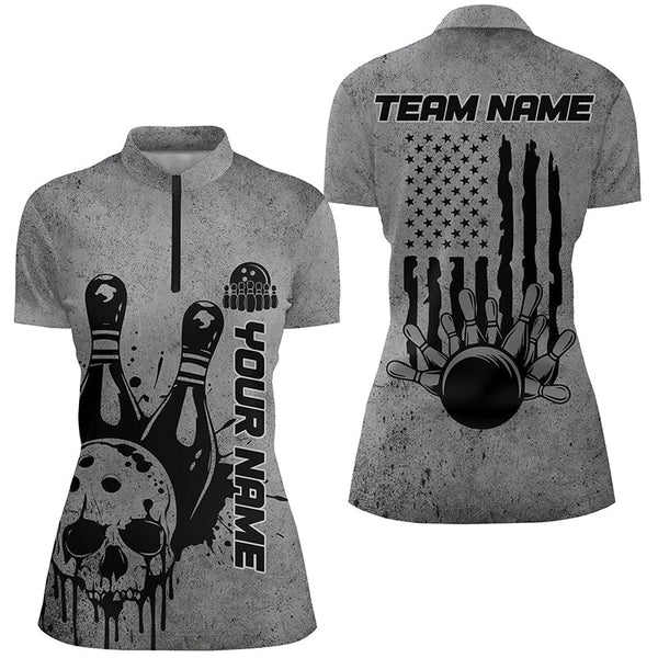 Custom American Flag Skull Bowling Shirts For Women, Patriotic Team Bowling Jerseys IPHW5846