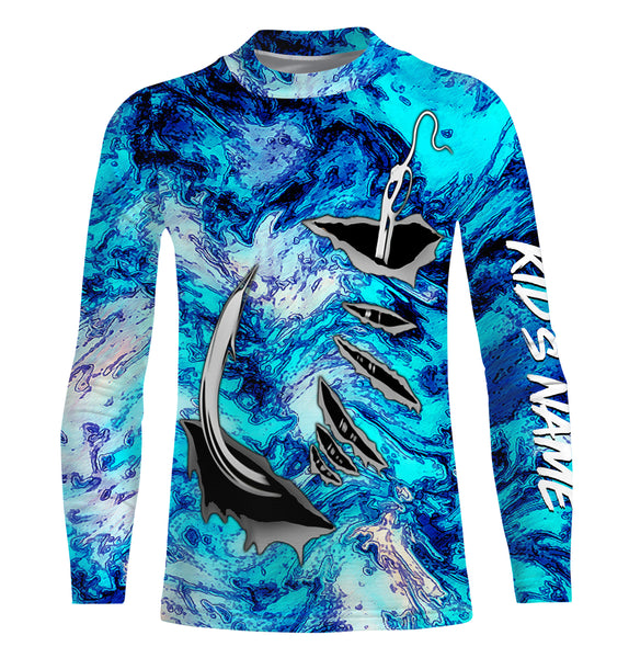 Fishing camo Fish hook Custom Long sleeve performance Fishing Shirts, blue camo Fishing jerseys IPHW2937