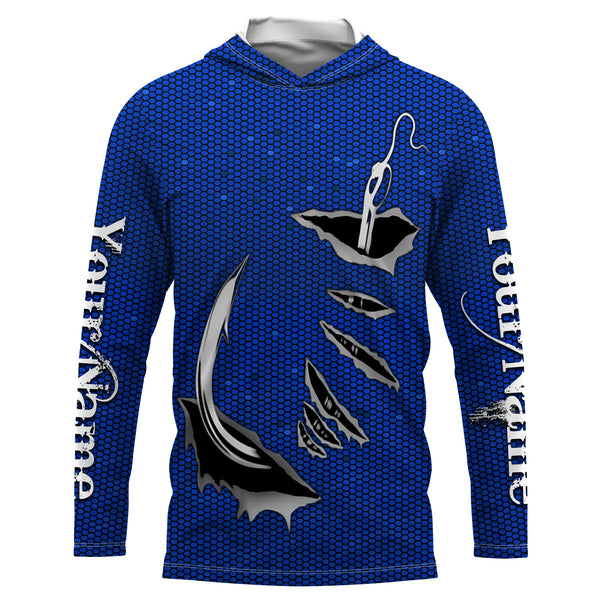 3D Fish hook Custom UV Protection Long Sleeve performance Fishing Shirts, personalized Fishing gift ideas | blue - IPHW1706