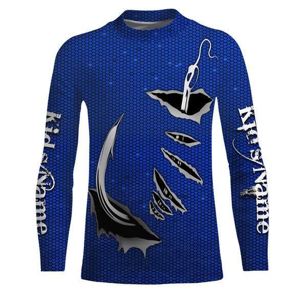 3D Fish hook Custom UV Protection Long Sleeve performance Fishing Shirts, personalized Fishing gift ideas | blue - IPHW1706