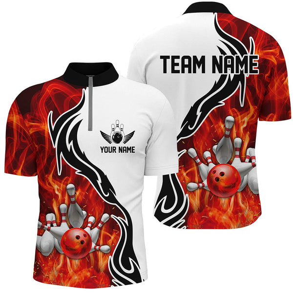 Custom Red Flame Bowling Polo Shirts For Men, Bowling Team Jerseys Bowler Outfit IPHW5214
