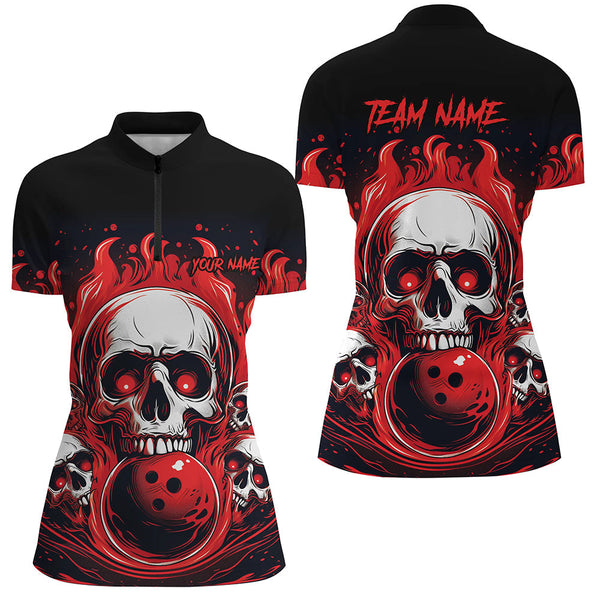 Custom Red Skull Bowling Team Shirts, Flame Bowling Jerseys Bowlers Shirts For Women IPHW5841