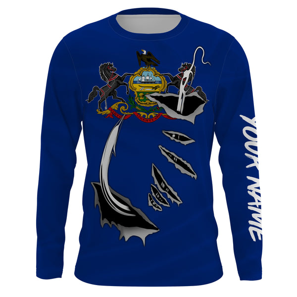 PA Pennsylvania Flag Fishing 3D Fish Hook Custom Long sleeves Fishing Shirts UPF 30+ personalized Patriotic fishing gifts - IPH1907