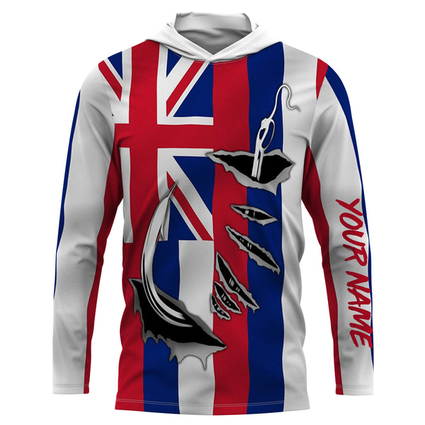 Hawaiian Flag 3D Fish hook UPF 30+ Custom Long Sleeve performance Fishing Shirts - IPHW471