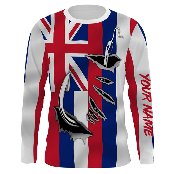 Hawaiian Flag 3D Fish hook UPF 30+ Custom Long Sleeve performance Fishing Shirts - IPHW471