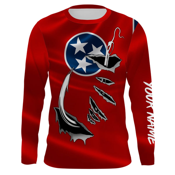 TN Fishing 3D Fish Hook Tennessee Flag UV protection quick dry customize name long sleeves shirts UPF 30+ personalized fishing apparel gift for Fishing lovers - IPHW474