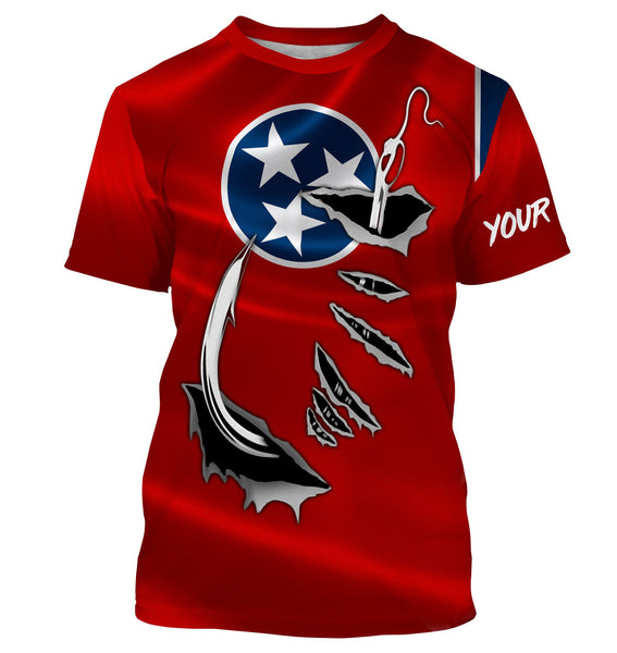 TN Fishing 3D Fish Hook Tennessee Flag UV protection quick dry customize name long sleeves shirts UPF 30+ personalized fishing apparel gift for Fishing lovers - IPHW474