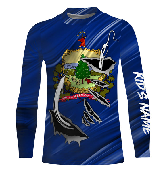 Vermont Flag 3D Fish hook Custom long sleeve performance Fishing Shirts fishing apparel IPHW514