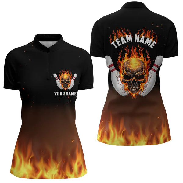 Personalized Women Bowling Shirts, Flame Skull Team Bowling Jerseys For Bowling Players IPHW5159