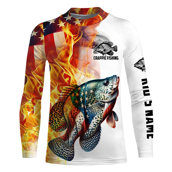 Flame American Flag Custom Crappie Fishing Shirts, Patriotic Crappie Long Sleeve Fishing Jerseys IPHW5967